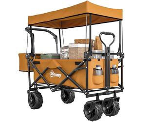 Outsunny 120L Festival Trolley on Wheels, Folding Camping Trolley Cart with Removable Canopy, All-Terrain Wheels, Adjustable Handle, Push or Pull for Garden Beach Fishing Shopping, Orange