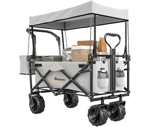 Outsunny 120L Festival Trolley on Wheels, Folding Camping Trolley Cart with Removable Canopy, All-Terrain Wheels, Adjustable Handle, Push or Pull for Garden Beach Fishing Shopping, Grey