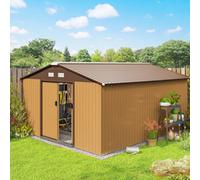 Outsunny Garden Storage Shed 13' x 11' – Galvanised Metal, Double Doors, Light Brown