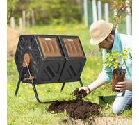 Outsunny 130L Compost Bin Dual Chamber Rotating Composter w/ Ventilation Holes - 67L x 60W x 77H cm - Dark Brown and Black - Steel, PP