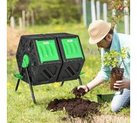 Outsunny 130L Dual-Chamber Rotating Compost Bin with 24 Ventilation Holes, 360-degree Turn, Steel Base - Model 845-916V01BK