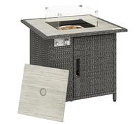 Outsunny 14.5 KW Rattan Gas Fire Pit Dining Table with Rain Cover, Wind Guard, Lid, Lava Rocks, Dark Grey