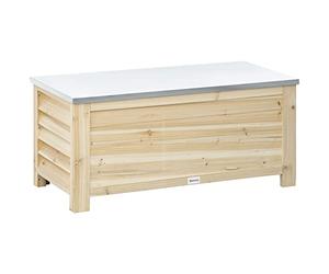 Outsunny 155L Outdoor Storage Box with Metal Lid and Shutter Walls, Wooden Tool Organiser Container for Garden and Terrace