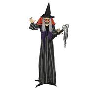 Outsunny 160 cm Life Size Halloween Animated Standing Witch & Skull Staff with Glowing LED Eyes & Head, Spooky Witch Scary Halloween Decorations, Battery Operated, Indoor Party Props