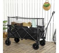 Outsunny 180L Folding Garden Trolley Wagon Cart w/ Extendable Side Walls, Black