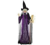 Outsunny 183 cm Life Size Halloween Animated Standing Witch & Broomstick with Glowing LED Eyes, Spooky Witch Scary Halloween Decorations, Battery Operated, Indoor Party Props