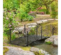 Outsunny Fir Wooden Garden Bridge, Arch Walkway with Metal Chain Railings, Black
