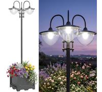 Outsunny 3-head LED Solar Light Lamp Street Light Post with Planter Base, Black, Black