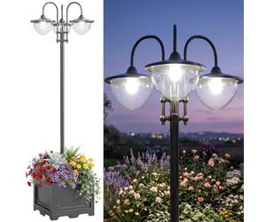 Outsunny 189cm 3-Head Solar Lamp Post Street Light with Planter LED, Black | Automatic-On, 6 Hour Max, Outdoor Ready Lighting