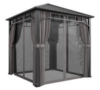 Outsunny 2.5 x 2.5 m Hardtop Gazebo with Galvanised Steel Roof, Waterproof Permanent Pavilion Garden Gazebo with Netting and Curtains for Patio, Deck, Dark Grey