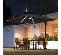 Outsunny 2.5m Cantilever Parasol with Solar Powered LED Lights, Double Top Square Overhanging Garden Parasol with 360° Rotation, Tilt Adjustment, Crank Handle, Dark Grey