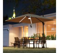 Outsunny 2.5m Cantilever Parasol with Solar Powered LED Lights, Double Top Square Overhanging Garden Parasol with 360° Rotation, Tilt Adjustment, Crank Handle, Khaki