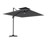Outsunny 2.5m Cantilever Parasol with Solar Powered LED Lights, Double Top Square Overhanging Garden Parasol with 360° Rotation, Tilt Adjustment, Crank Handle, Dark Grey