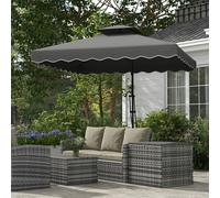 Outsunny 2.5m Cantilever Parasol with Easy Lever, Square Double Top Garden Umbrella with Ruffles & Cross Base, Overhanging Outdoor Sun Shades - Beige - Dark Grey - 243L x 243W x 251Hcm