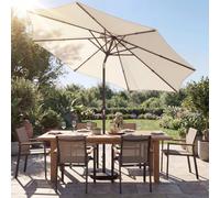 Outsunny 2.7 m Garden Parasol Umbrella with Cross Base and Sandbag, Retractable Ribs, Outdoor Table Market Patio Umbrella Sun Shade with 30 Degree Tilt and Crank, Vent, Cream White