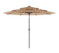 Outsunny 2.8 m Garden Parasol Umbrella with LED Solar Light, Parasol Cover, 3 Tier Outdoor Table Market Patio Umbrella Sun Shade with Tilt and Crank, 8 Ribs, Khaki