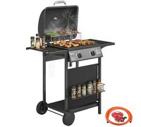 Outsunny 2 Burner Gas Barbecue Grill, Gas Grill with Side Tables, Garden BBQ Grill with Warming Rack, Shelf, Thermometer, Piezo Ignition, Grease Tray for Outdoor Cooking, Patio Parties, Black