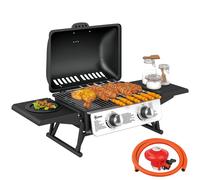 Outsunny 2 Burner Gas BBQ Grill with Foldable Side Tables, Portable Tabletop Gas Barbecue Grill with Built-in Thermometer, Lid, Grease Tray for Garden Party Camping Picnic Outdoor Cooking 5.6KW, Black