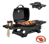 Outsunny 2 Burner Gas Grill with 2 Detachable Side Tables, 3.8 KW, Black | Steel Barbecue Grill, Cast Iron Grates, Tabletop BBQ, Lid, Thermometer, Grease Tray, 4 Hooks