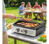 Outsunny 2 Burner Grill Griddle, Tabletop Gas BBQ with Grease Cup, Black - Gas BBQ - 1 - SPCC, Stainless Steel