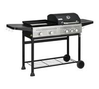 Outsunny 2-in-1 Gas BBQ and Plancha Grill, 12 kW 4+1 Burner Propane Gas Barbecue with Wheels, Warming Rack, Shelves, Thermometer, Bottle Opener for Garden Party Festival, Black