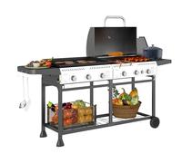 Outsunny 2-in-1 Gas BBQ and Plancha Grill, 6+1 Burner Propane Gas Barbecue with Wheels, Warming Rack, Shelves, Thermometer, Bottle Opener for Garden Party Festival, Black