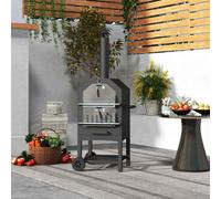 Outsunny 2-in-1 Outdoor Pizza Oven 3-Tier Freestanding Charcoal BBQ Grill with Rain Cover, Chimney, Thermometer, Bottom Shelf, Anti-scald Handles, Wheels for Garden Party Gathering Black