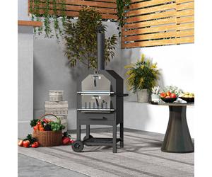 Outsunny 2-In-1 Outdoor Pizza Oven 3-Tier Freestanding Charcoal Bbq Grill With Rain Cover, Chimney, Thermometer, Bottom Shelf, Anti-Scald Handles, Wheels For Garden Party Gathering In Black Black
