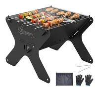 Outsunny 2-In-1 Portable BBQ Grill and Camping Fire Pit, Tabletop Charcoal Barbecue Grill with Gripper, Gloves and Carry Bag, Metal Small Outdoor BBQ Smoker for Picnic Garden Terrace Travel