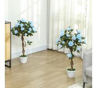 OUTSUNNY 2 Pack 90cm/3FT Artificial Rose Tree Fake Decorative Plant with Pot in Blue Outsunny Blue