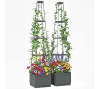 Outsunny 2 Pack Raised Garden Bed with Trellis Planter Box 28 x 28 x 140 cm | Plastic, Outdoor, Removable Drainage Tray, Tomato Cage, for Climbing Plants, Vegetables, Flowers