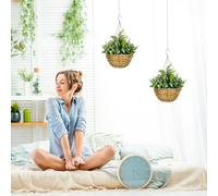 Outsunny Pack of 2 Hanging Basket Fake Flowers with Lisianthus, Eucalyptus & Pine, Realistic PE Faux Plants with Rattan Basket and Chain for Outdoor Garden, Porch, Patio, Balcony, Purple