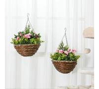 OUTSUNNY 2 PCs Artificial Lisianthus Flower Hanging Planter Basket Indoor in Pink Outsunny Pink