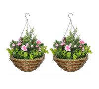 OUTSUNNY 2 PCs Artificial Lisianthus Flower Hanging Planter Basket Indoor in Pink Outsunny Pink