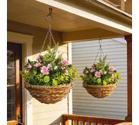 Outsunny 2 Pcs Artificial Lisianthus Flower Hanging Planter Basket Indoor In Pink Pink