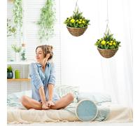 Outsunny Pack of 2 Faux Plant Artificial Lisianthus Flowers Hanging Planter with Basket for Indoor Decoration, Yellow