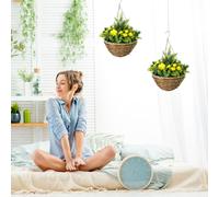 Outsunny 2 Pcs Artificial Lisianthus Flower Hanging Planter Basket Yellow, Yellow