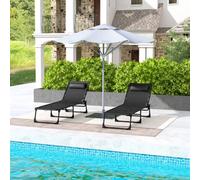 Outsunny 2 Pcs Folding Beach Chair Chaise Lounge 4 Adjustable Positions, Black