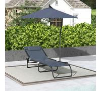 Outsunny 2 Pcs Folding Beach Chair Chaise Lounge 4 Adjustable Positions, Black - Grey - Steel, Elastic, Mesh Fabric - 197L x 58W x 30H cm