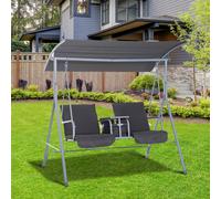 Outsunny 2 Person Covered Patio Swing With Pivot Table and Storage Console, Grey