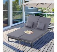 Outsunny 2 Person Rattan Lounger Adjustable Double Chaise Chair w/ Cushion Grey