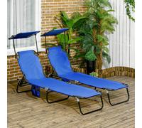 Outsunny 2 Piece Folding Sun Loungers with Canopy, Adjustable Recliner Garden Chairs with Side Pocket, Steel Frame and Breathable Mesh for Outdoor, Pool, Beach, Garden, Blue Blue