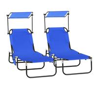 Outsunny 2 Piece Folding Sun Loungers with Canopy, Adjustable Recliner Garden Chairs with Breathable Mesh for Outdoor, Pool, Beach, Garden, Blue
