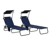 Outsunny 2 Piece Folding Sun Loungers with Canopy, Adjustable Recliner Garden Chairs with Side Pocket, Steel Frame and Breathable Mesh for Outdoor, Pool, Beach, Garden, Dark Blue Blue