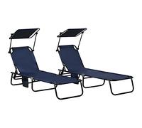 Outsunny 2 Piece Folding Sun Loungers with Canopy, Adjustable Recliner Garden Chairs with Side Pocket for Outdoor, Pool, Beach, Garden, Dark Blue