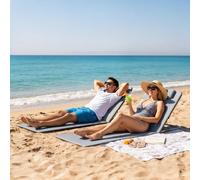 Outsunny Set of 2 Foldable Garden Beach Chair Mat Lightweight Outdoor Sun Lounger Seats Adjustable Back Metal Frame PE Fabric Head Pillow w/ Carry Bag, Green Green