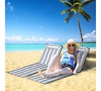 OUTSUNNY 2 Pieces Outdoor Beach Mat Steel Reclining Chair Set w/ Pillow in Light Grey Outsunny Light Grey