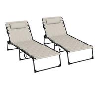 Outsunny 2 Seat Garden Sun Loungers, Folding Sun Lounger with 5-level Reclining Back, Sun Lounger Chair with Foam Cushion, Khaki Aosom UK