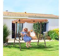 Outsunny 2 Seater Kids Garden Swing Seat, Children Outdoor Patio Lounge Chair for Gardens w/Adjustable Awning, Seatbelt, Monkey Pattern - Brown