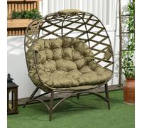 Outsunny Egg Chair Outdoor, 2 Seater Folding Weave Garden Furniture Chair with Cushion, Cup Pockets for Patio Balcony - Khaki